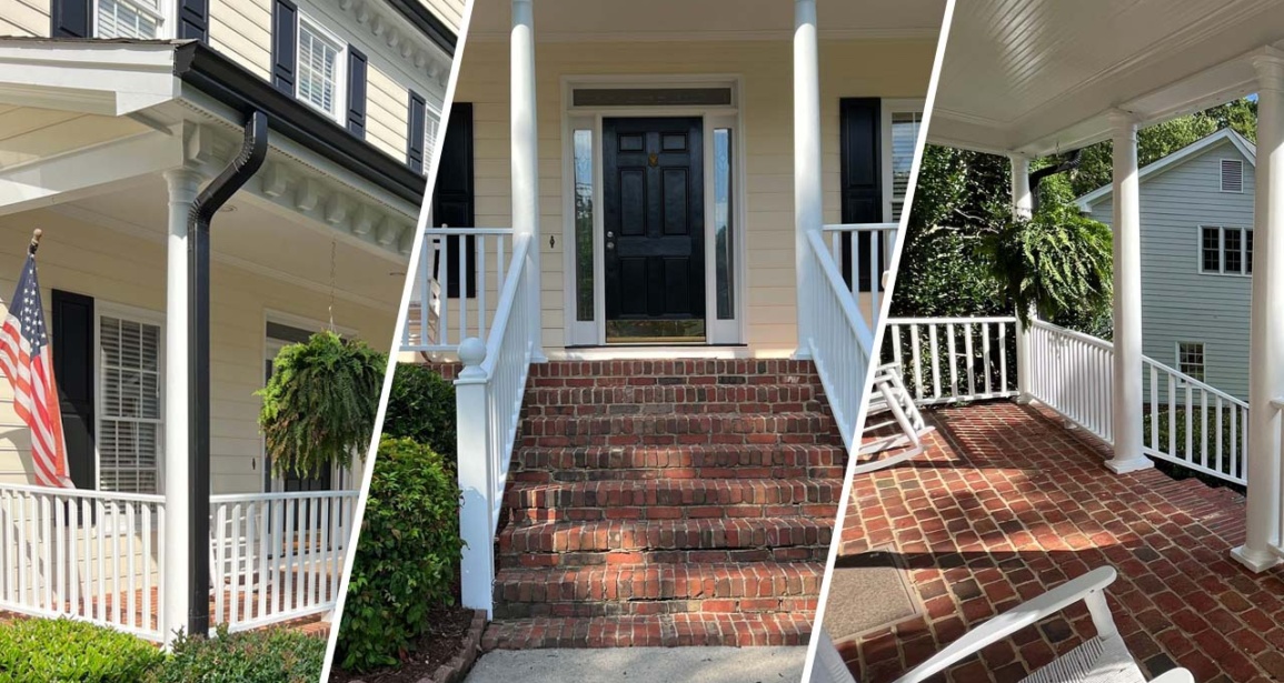 this image is three photographs combined into one image. One third is the exterior of the house from the side seeing the porch, the middle image is the front door and the last third is the porch looking into the yard.