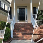 this image is three photographs combined into one image. One third is the exterior of the house from the side seeing the porch, the middle image is the front door and the last third is the porch looking into the yard.