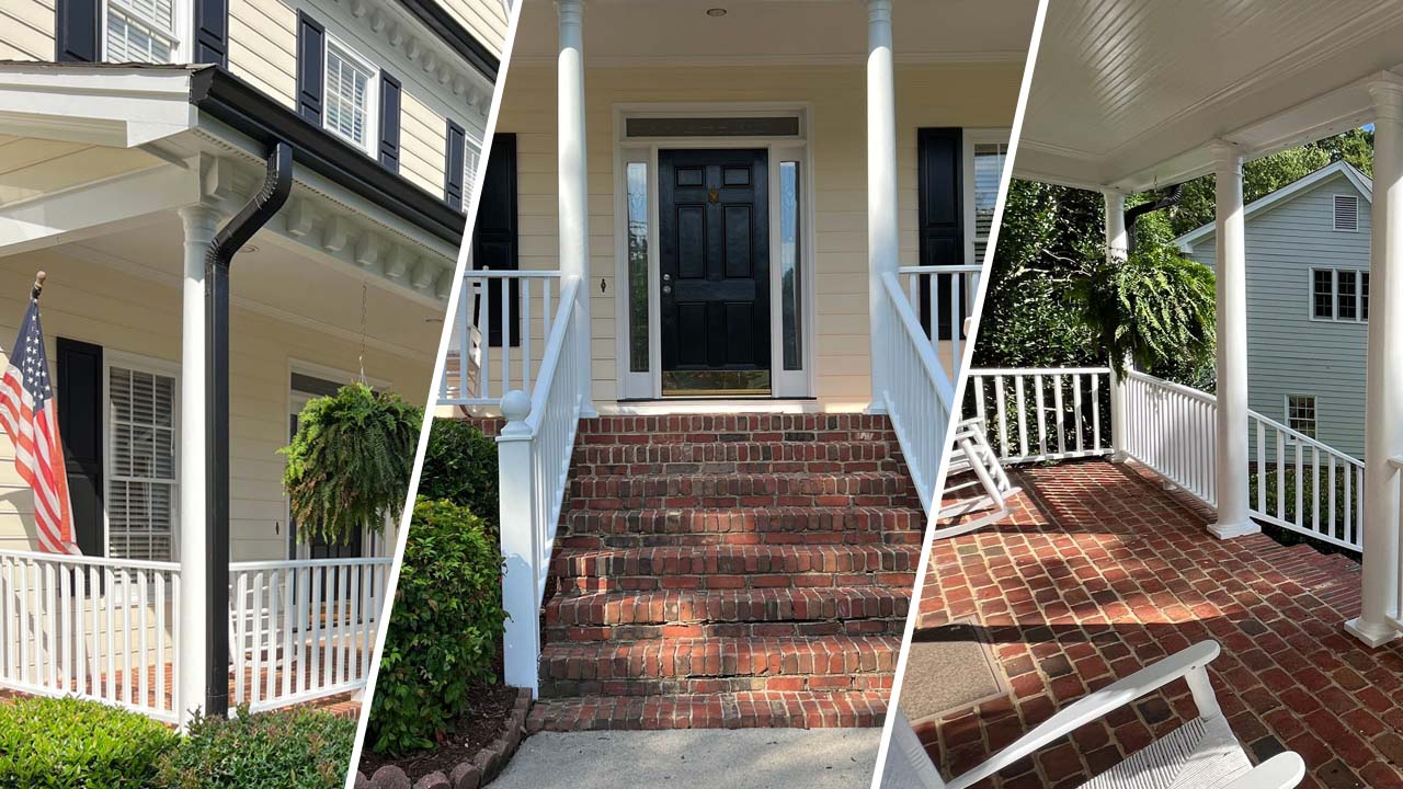 this image is three photographs combined into one image. One third is the exterior of the house from the side seeing the porch, the middle image is the front door and the last third is the porch looking into the yard.