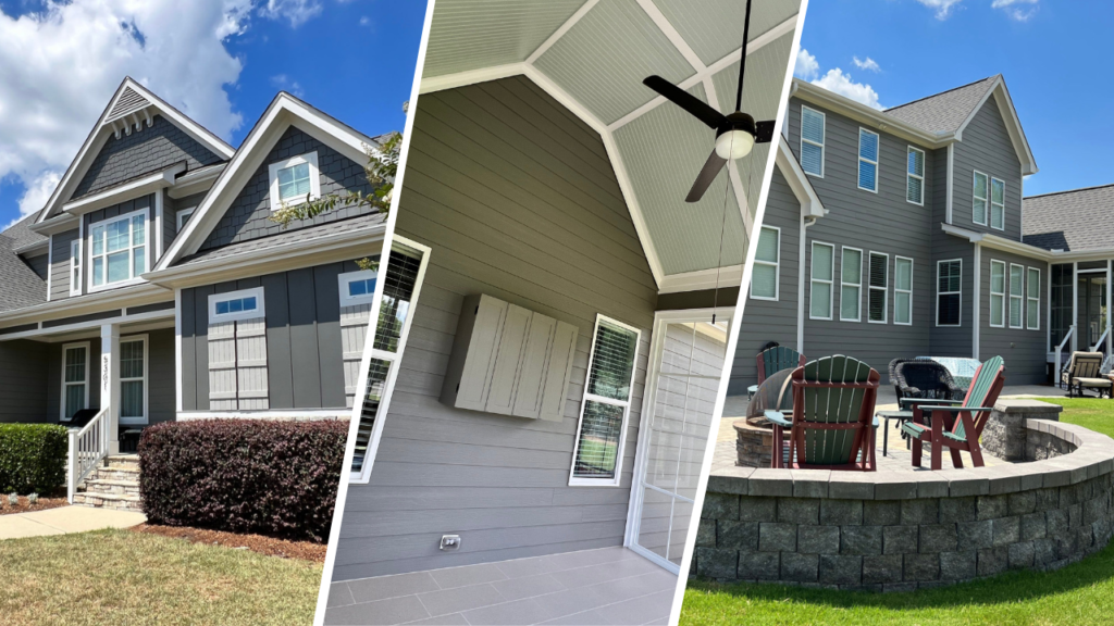 Three images capturing the freshly painted Raleigh home of Therese from multiple angles, showcasing its remarkable transformation.