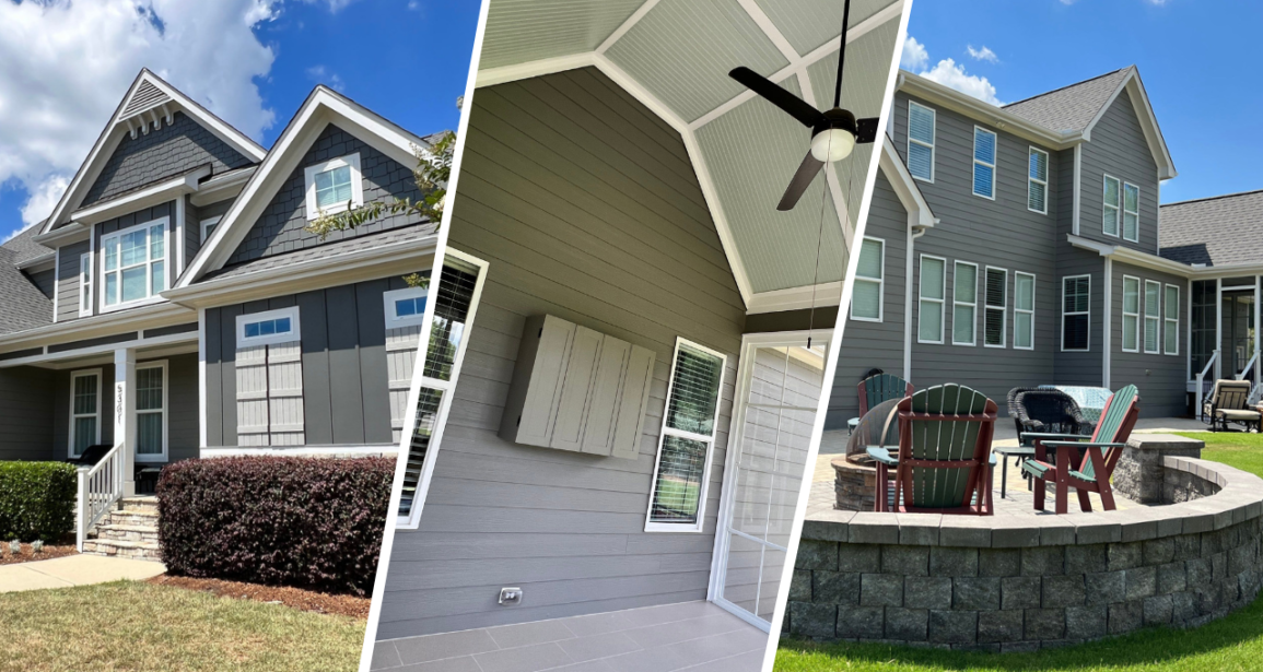 Three images capturing the freshly painted Raleigh home of Therese from multiple angles, showcasing its remarkable transformation.