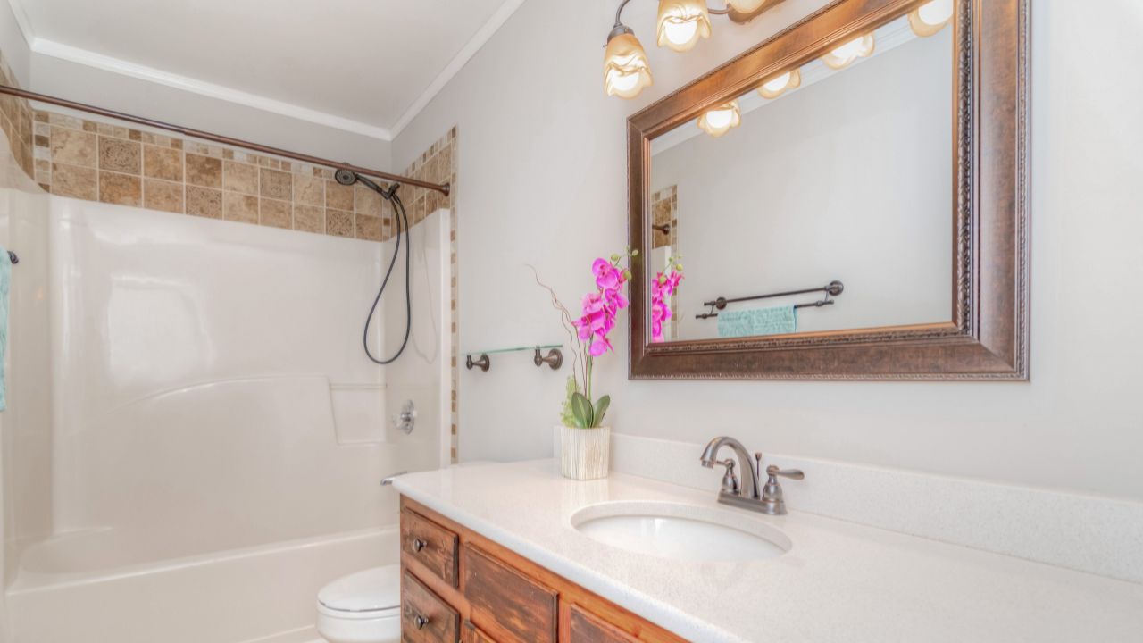 A newly painted and renovated bathroom room.