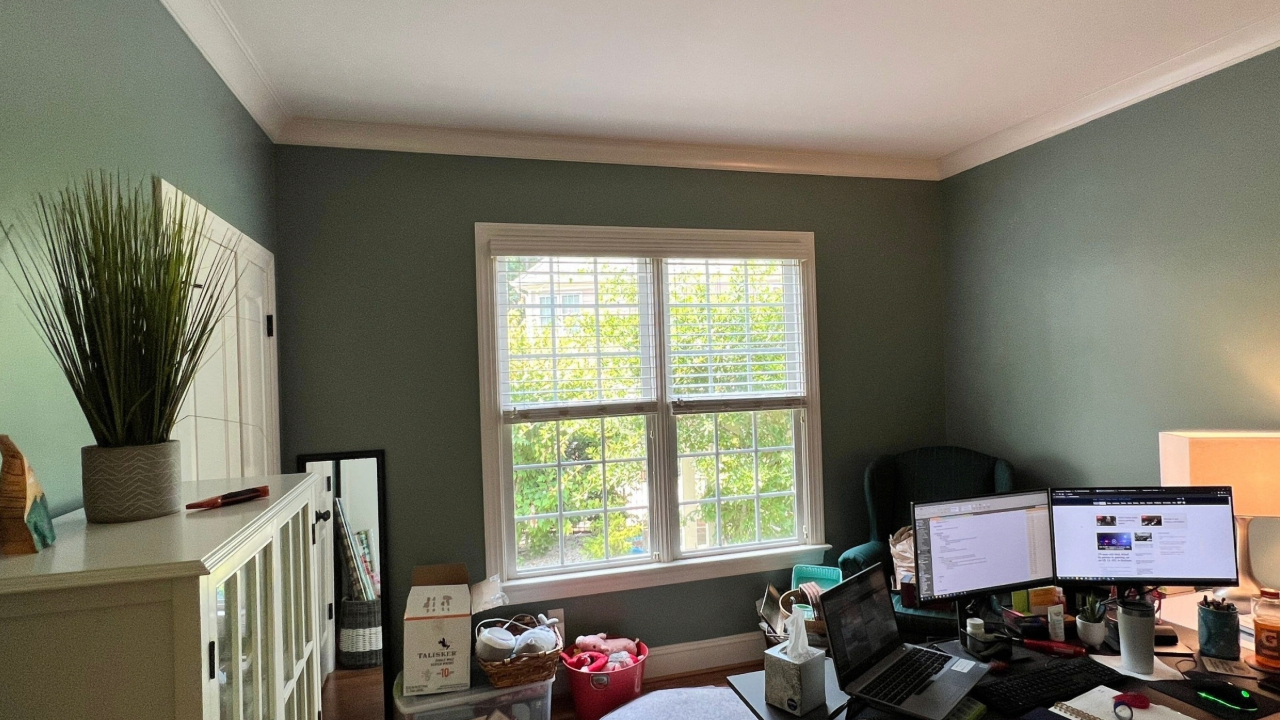 A beautiful sage green paint was used to paint an office.