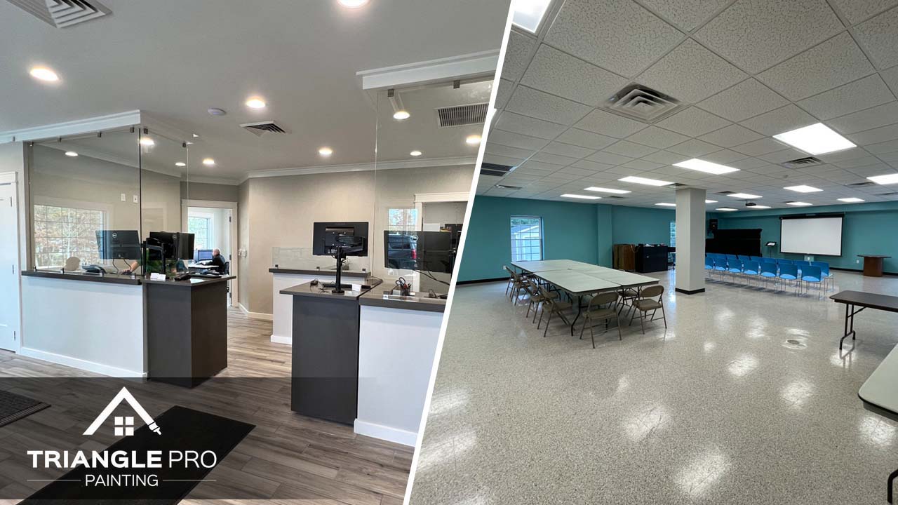 This is a split image of commerciual painting projects. On theleft i san office interior and on the right is an auto body shop that have been recently repainted.
