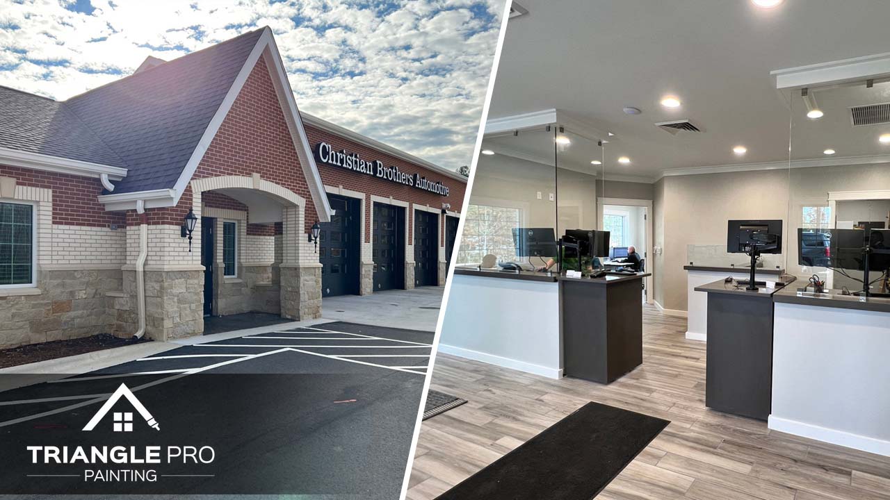 This is a split image. On teh left is hte extrior of an office building. On the right is the interior of an office space. Both are examples of recent commercial painting projects.