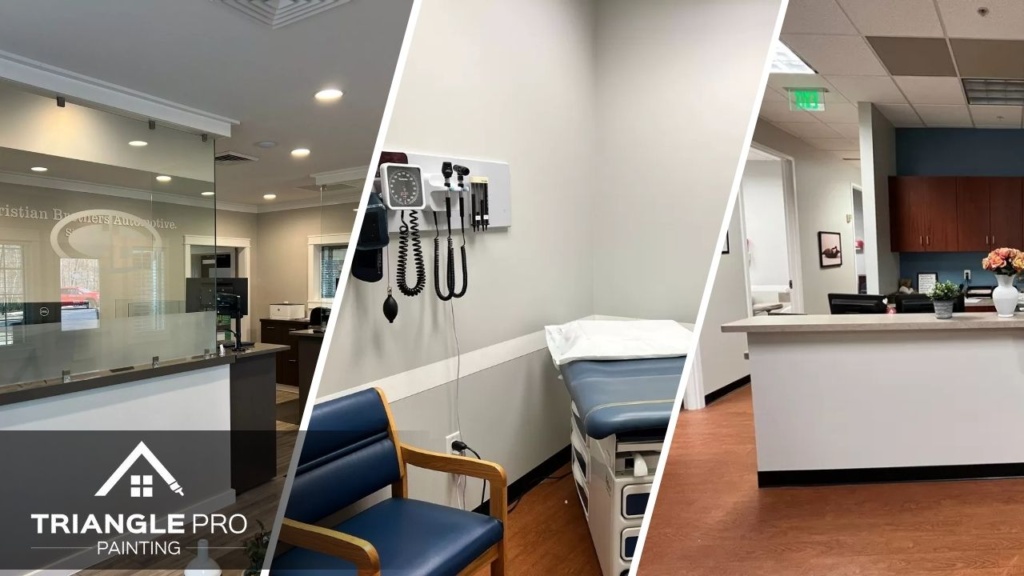 This is a three-split image showing a business office, medical exam room, and reception desk—all painted by Triangle Pro Painting in Moore Square Raleigh, NC.