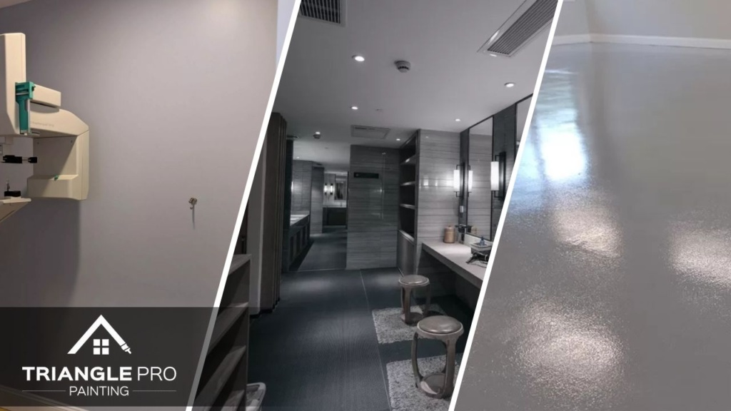 This is a three-way split image showing commercial wall, restroom, and floor painting by Triangle Pro Painting in Umstead Raleigh, NC.