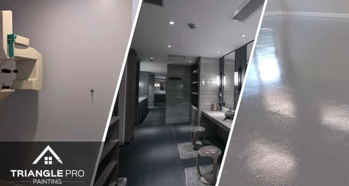 This is a three-way split image showing commercial wall, restroom, and floor painting by Triangle Pro Painting in Umstead Raleigh, NC.