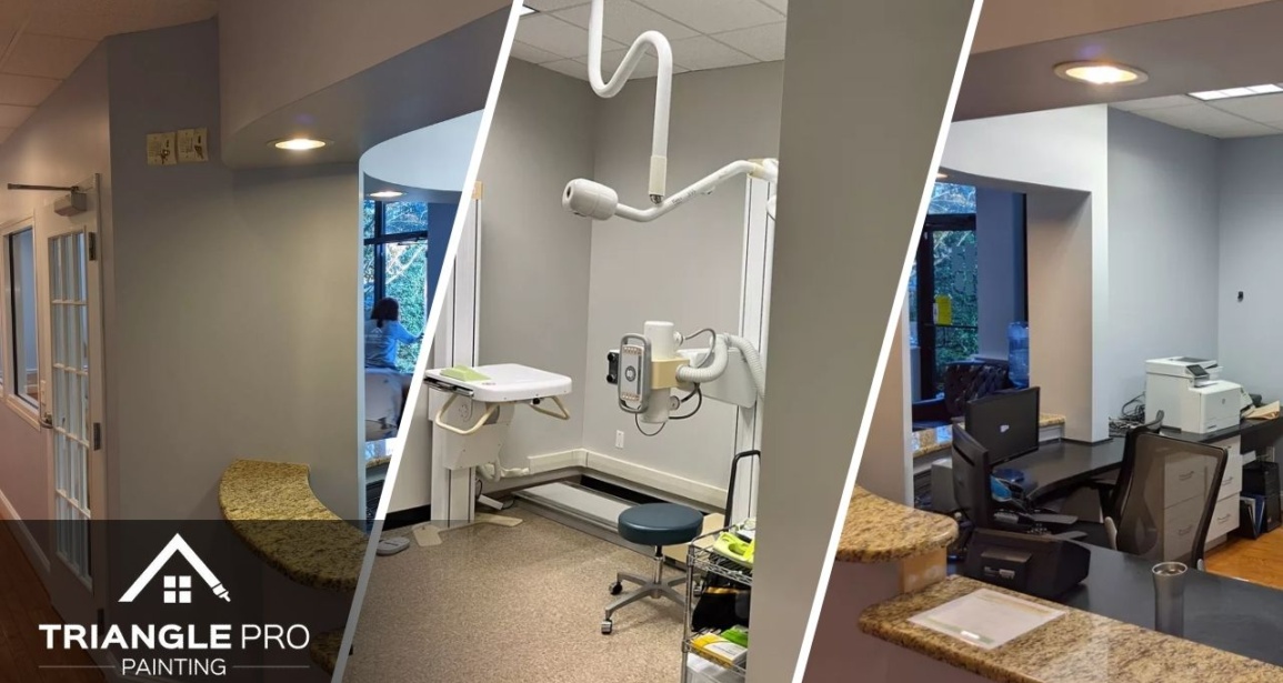 This is a three split image showing a hallway, dental room, and office interior painting in Wayland Heights Raleigh by Triangle Pro Painting.