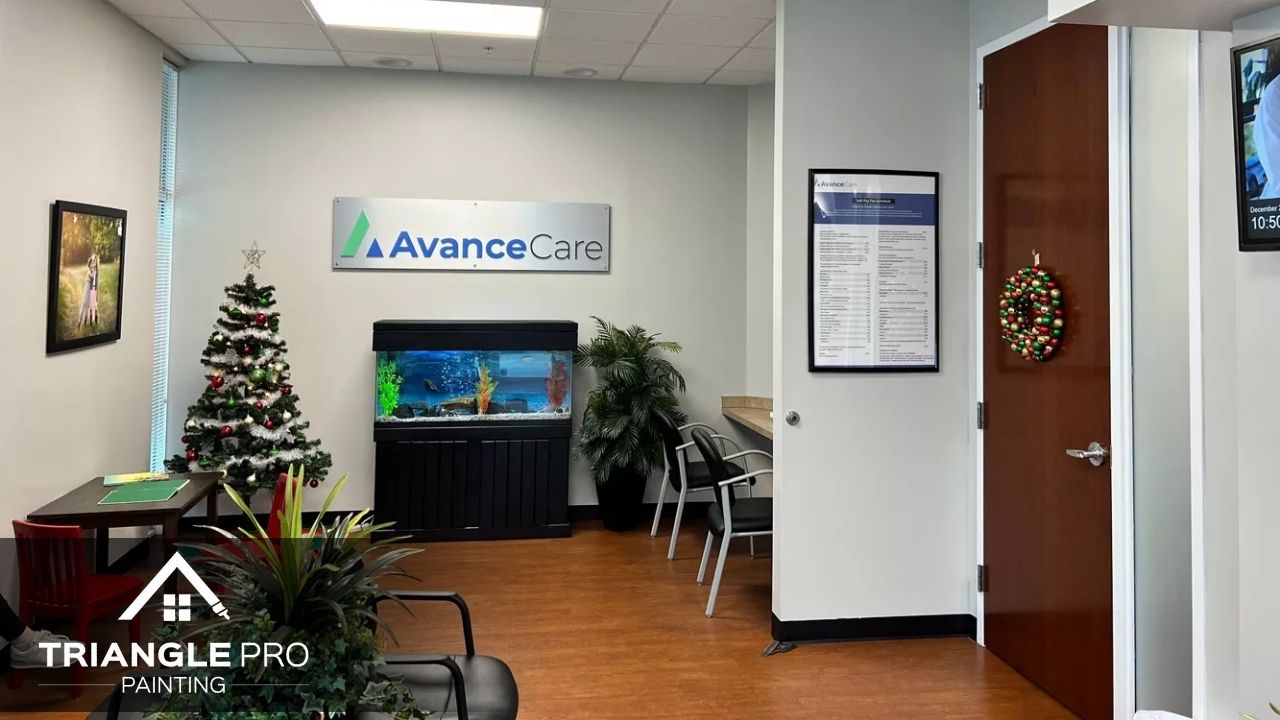 This is a commercial interior painting project with festive decor by Triangle Pro Painting.