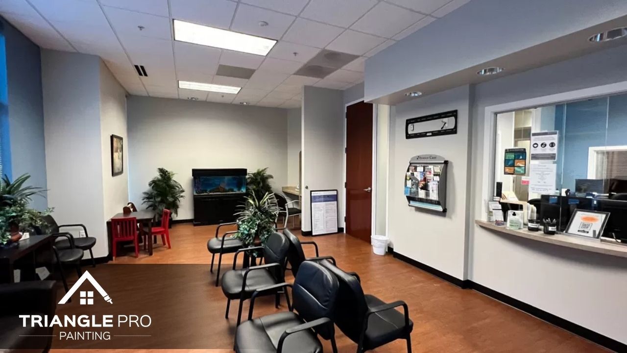 This is a commercial interior painting project of a clinic’s waiting area by Triangle Pro Painting.
