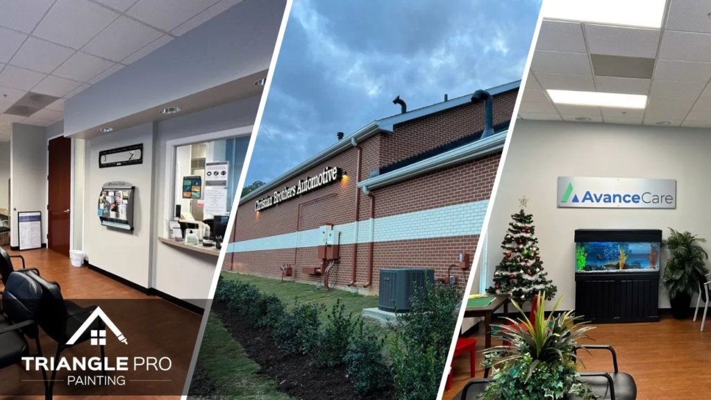 This is a three split image combining of commercial interior and exterior painting by Triangle Pro Painting.