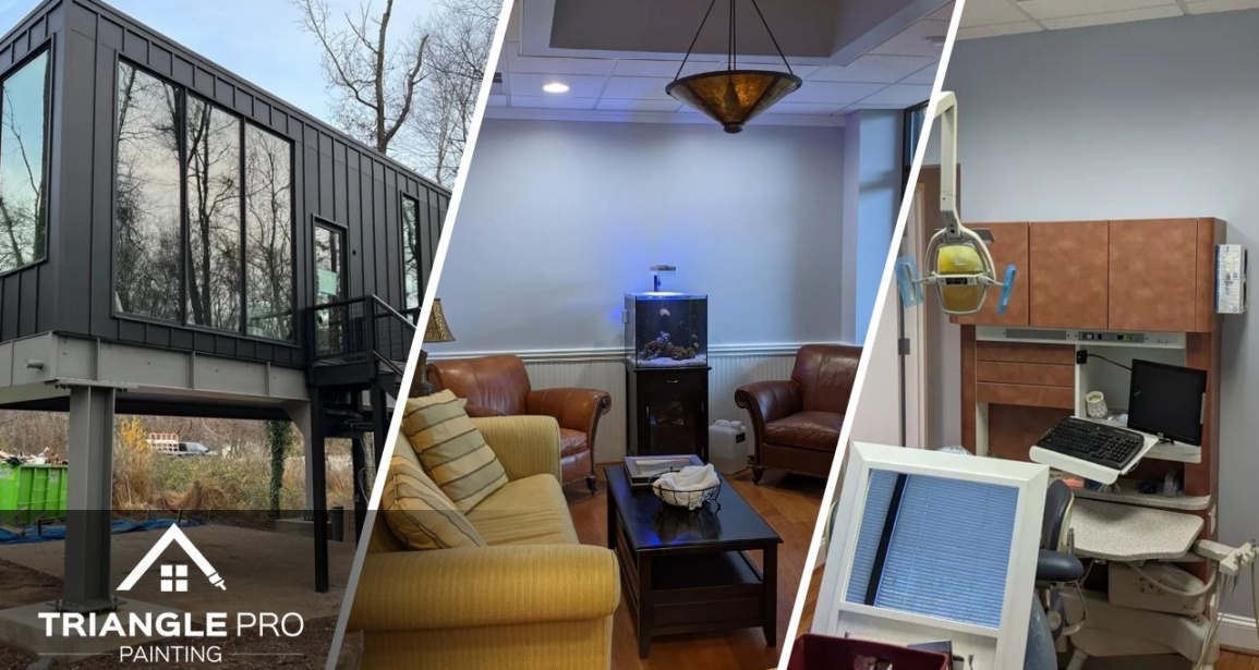 This is a three-split image showing exterior building, office lounge, and dental office interior painting by Triangle Pro Painting in Umstead Raleigh, NC.