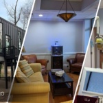 This is a three-split image showing exterior building, office lounge, and dental office interior painting by Triangle Pro Painting in Umstead Raleigh, NC.