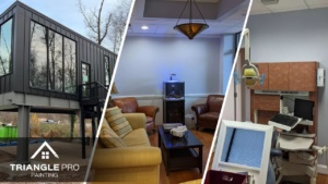 This is a three-split image showing exterior building, office lounge, and dental office interior painting by Triangle Pro Painting in Umstead Raleigh, NC.