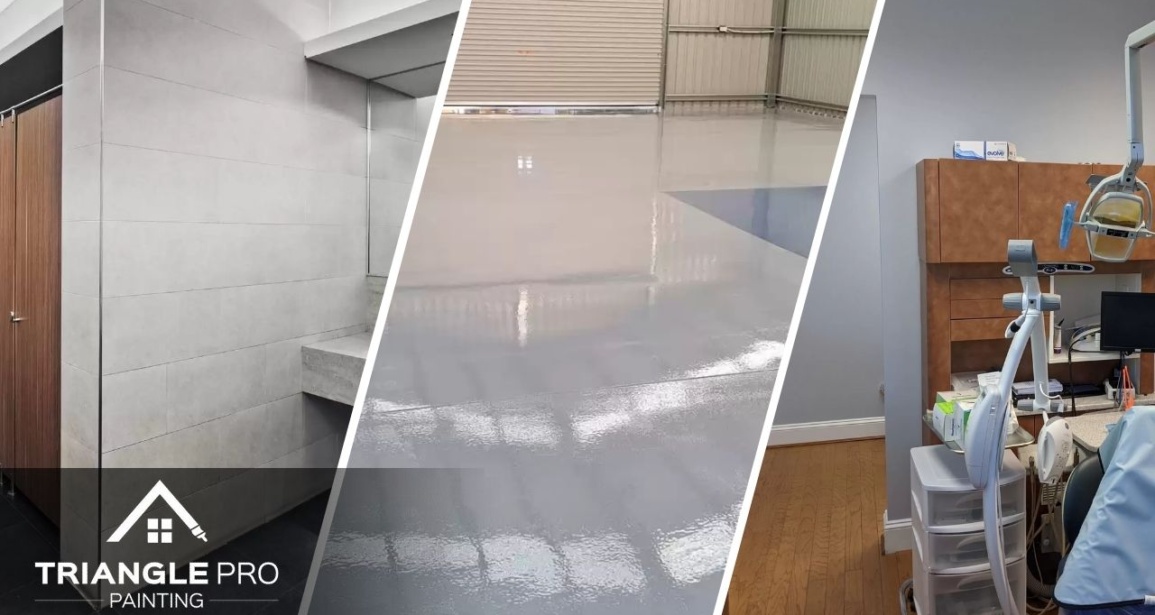 This is a three split image showing restroom wall painting, epoxy floor coating, and dental office painting by Triangle Pro Painting in Wayland Heights Raleigh.