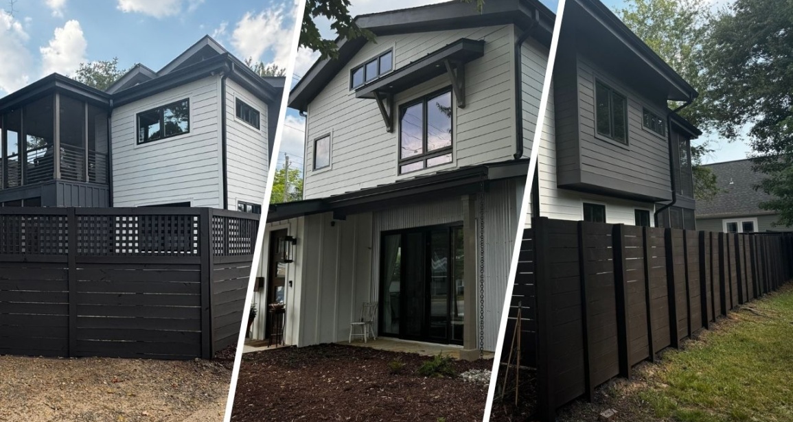 Three images showing different angles of Angie’s property, highlighting the fence staining work by Triangle Pro Painting that complements the home’s overall exterior color scheme.