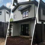 Three images showing different angles of Angie’s property, highlighting the fence staining work by Triangle Pro Painting that complements the home’s overall exterior color scheme.