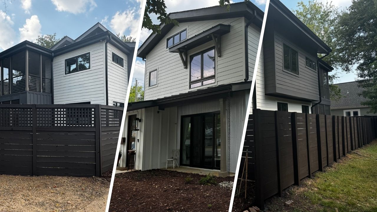 Three images showing different angles of Angie’s property, highlighting the fence staining work by Triangle Pro Painting that complements the home’s overall exterior color scheme.