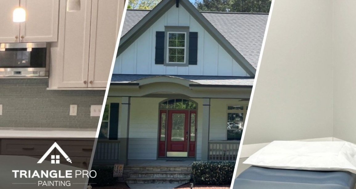 This is a split image of a cabinet painting, house painting, and a clinic.