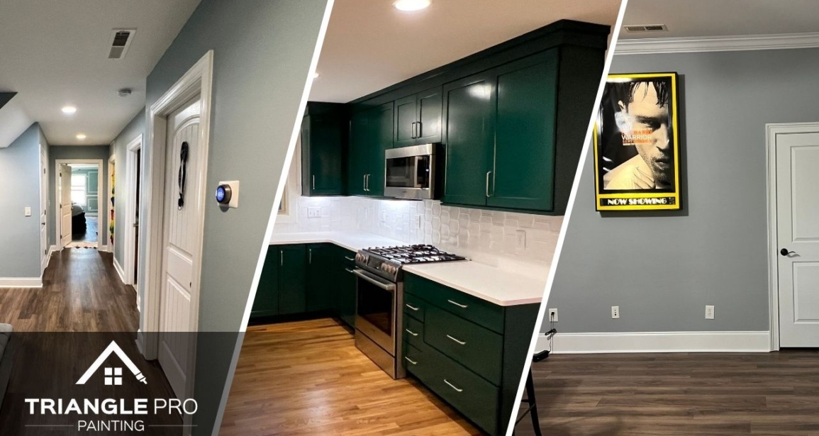 This is a three-split image combining interior wall and cabinet painting by Triangle Pro Painting.