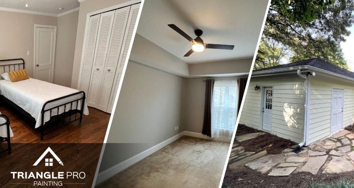 This is a three-split image showing interior, bedroom, and exterior painting by Triangle Pro Painting in Umstead Raleigh NC.