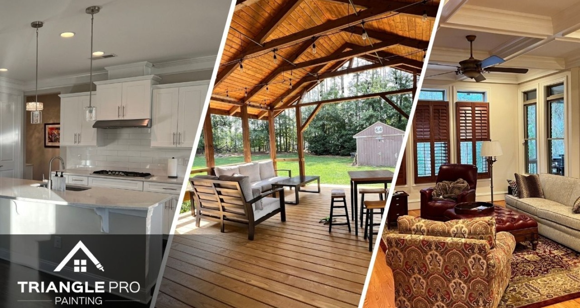This is a three-split image showing interior, exterior, and living room painting by Triangle Pro Painting in Wayland Heights Raleigh.