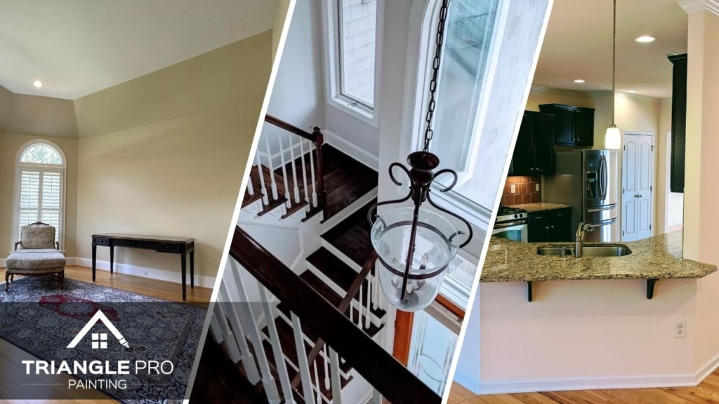 This is a three split image showing stairway, kitchen, and room painting by Triangle Pro Painting.