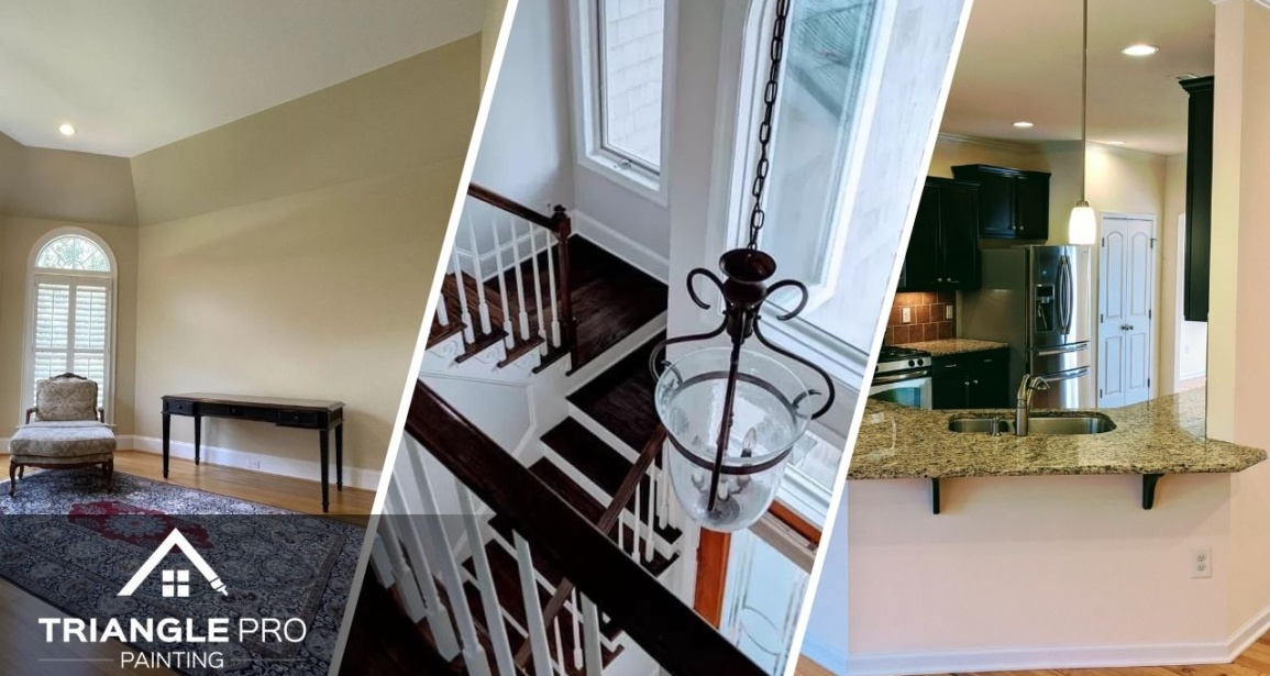 This is a three split image showing stairway, kitchen, and room painting by Triangle Pro Painting.