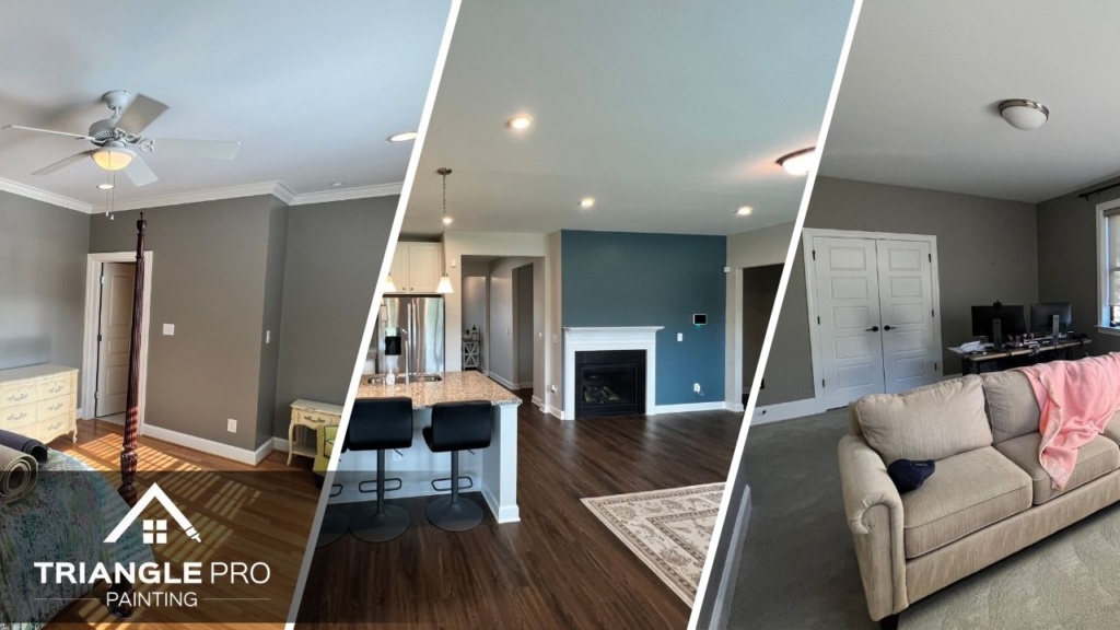 This is a three-split image showing various interior painting projects by Triangle Pro Painting in Wayland Heights Raleigh.