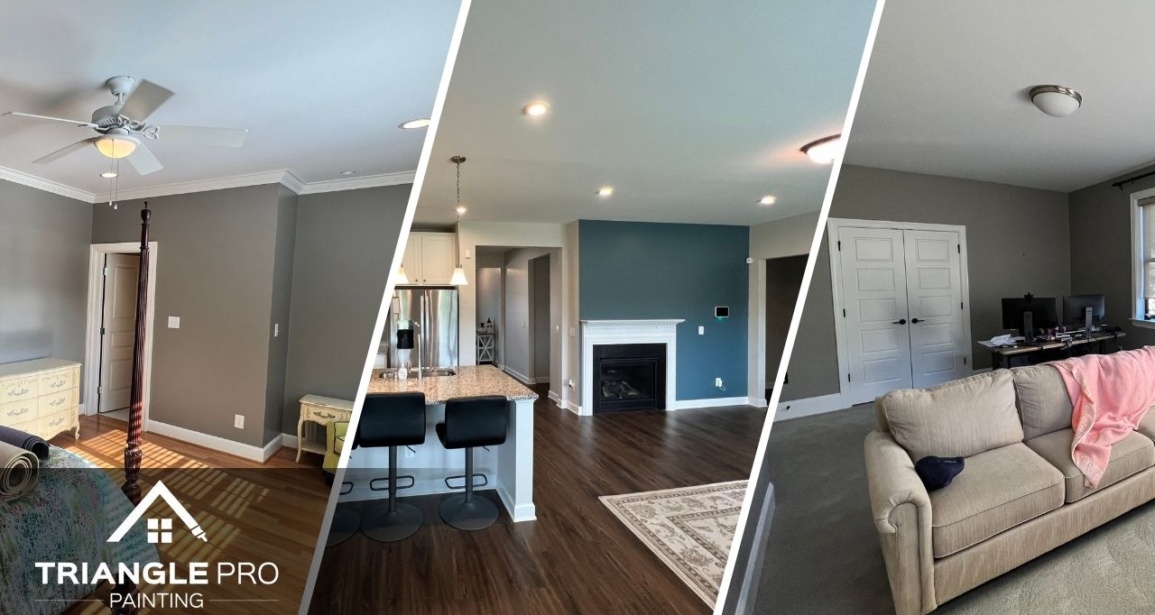 This is a three-split image showing various interior painting projects by Triangle Pro Painting in Wayland Heights Raleigh.