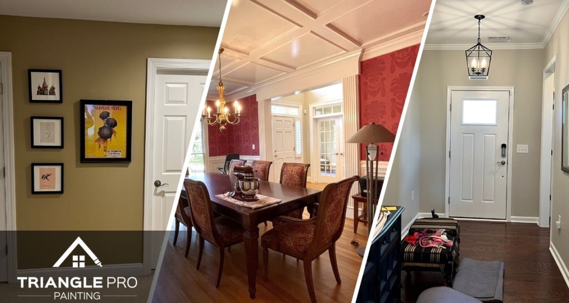 This is a three-split image combining interior painting of a hallway, dining room, and entryway by Triangle Pro Painting.