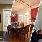 This is a three-split image combining interior painting of a hallway, dining room, and entryway by Triangle Pro Painting.
