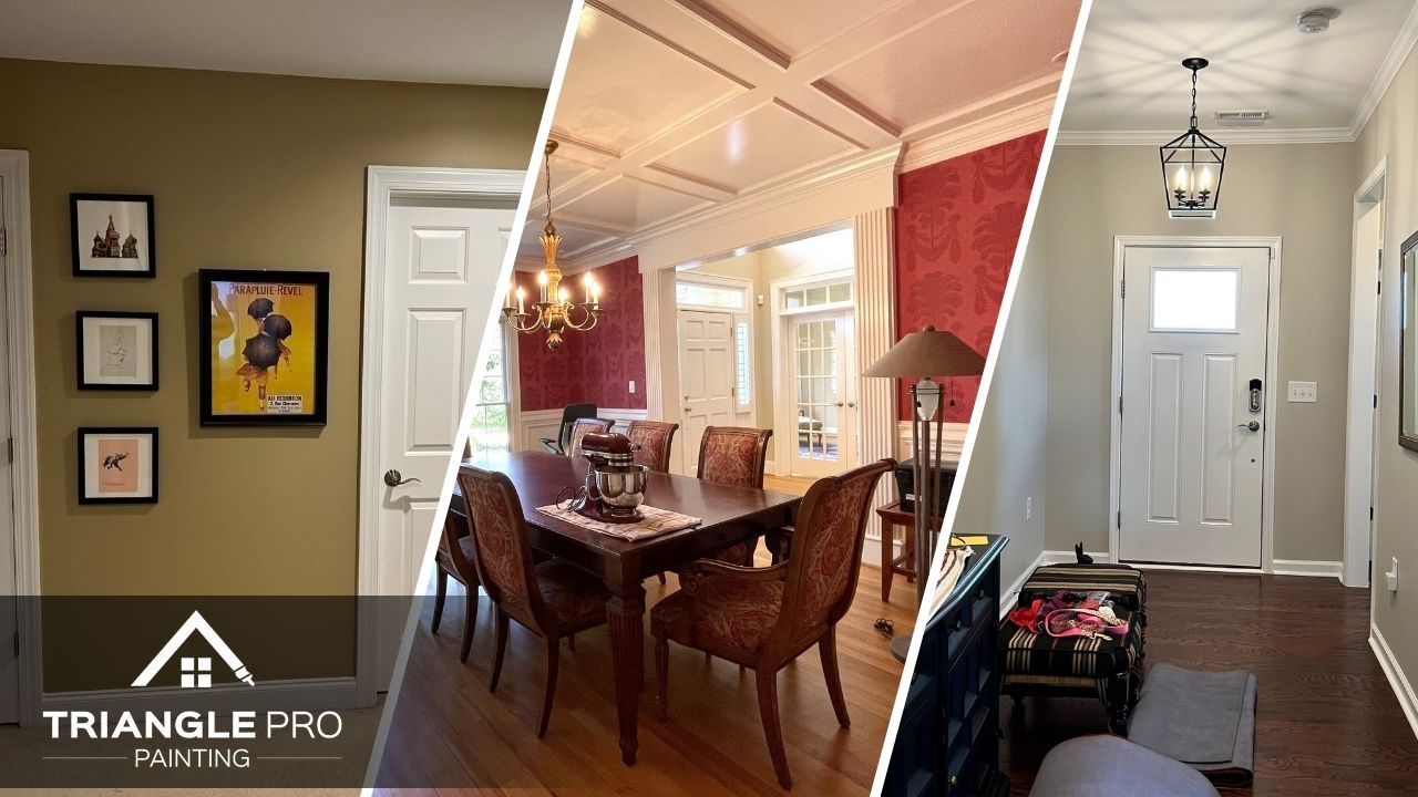 This is a three-split image combining interior painting of a hallway, dining room, and entryway by Triangle Pro Painting.