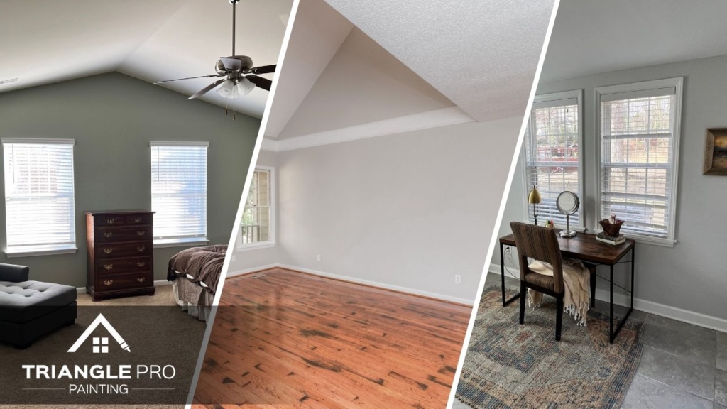 This is a three-split image combining a bedroom, empty living room, and office space painted by Triangle Pro Painting in Umstead Raleigh NC.