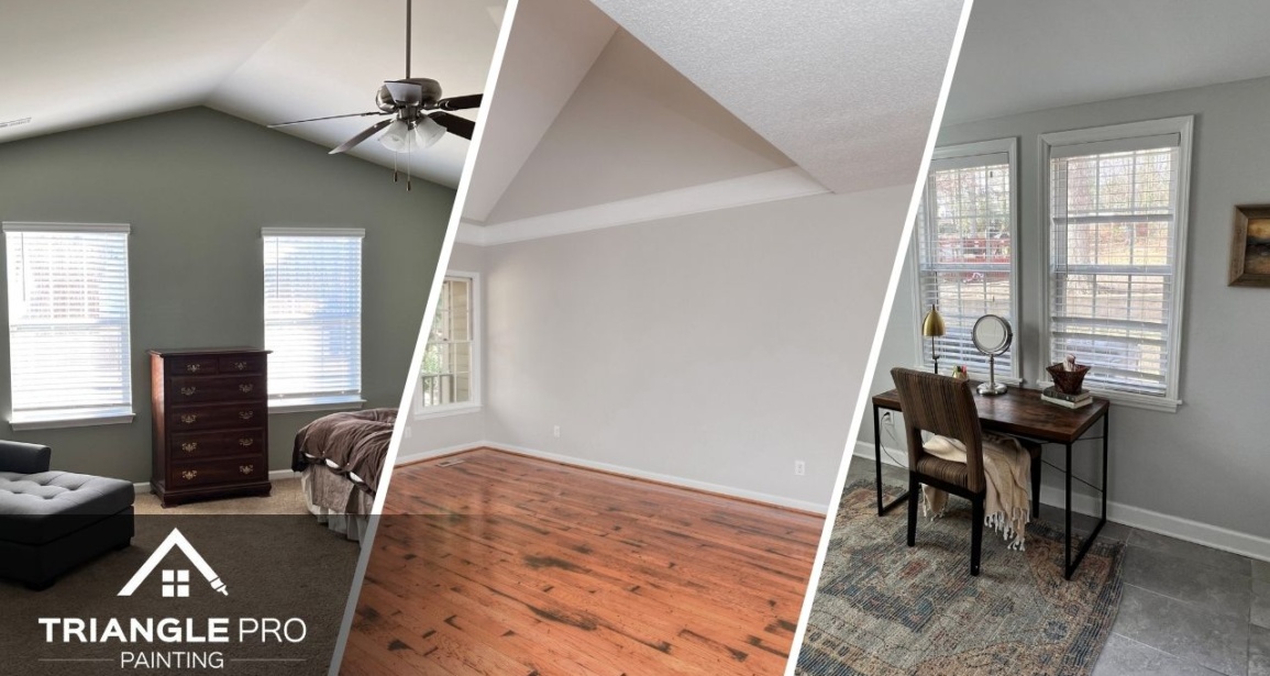 This is a three-split image combining a bedroom, empty living room, and office space painted by Triangle Pro Painting in Umstead Raleigh NC.