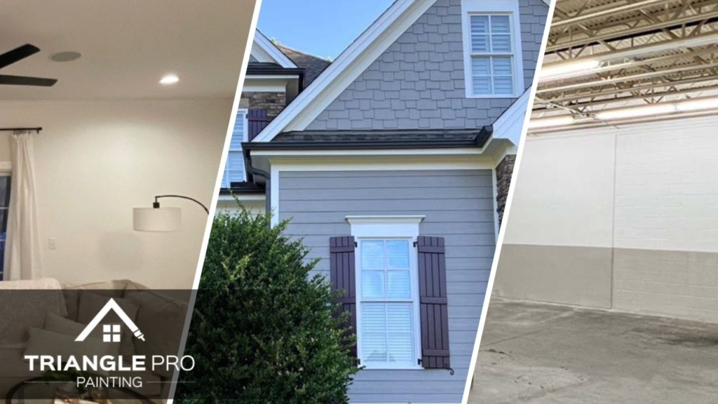 A split image of a exterior, commercial, and exterior painting done by the Triangle Pro Painting