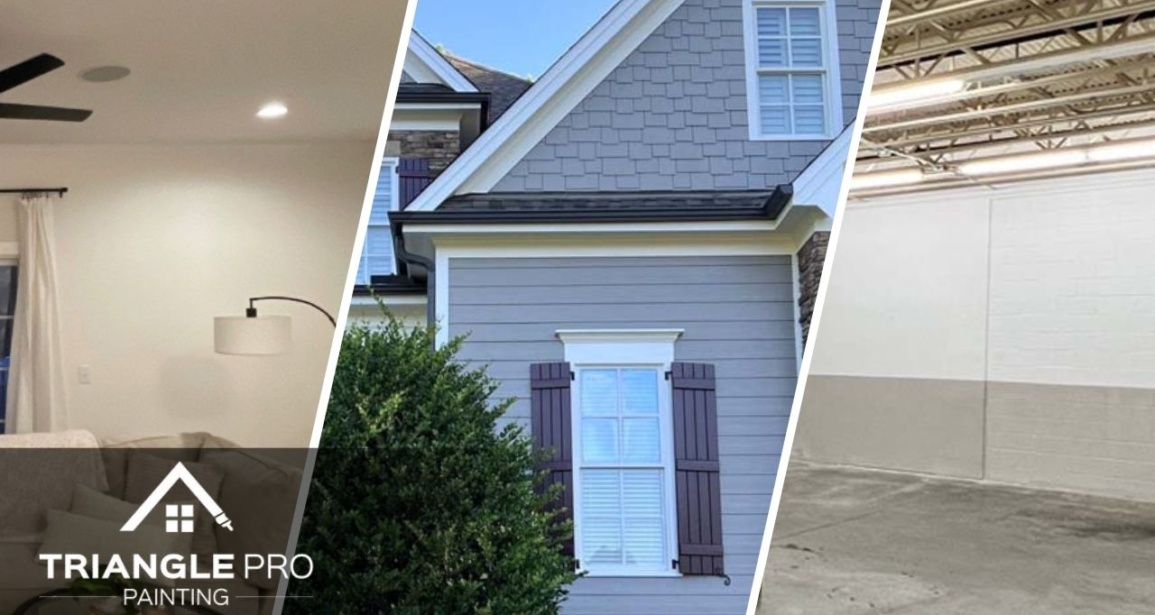 A split image of a exterior, commercial, and exterior painting done by the Triangle Pro Painting