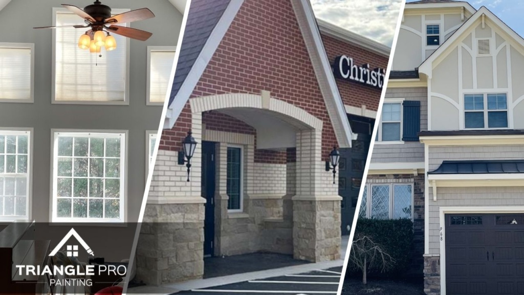 A split image of commercial, interior, and exterior painting job done by the Triangle Pro Painting.