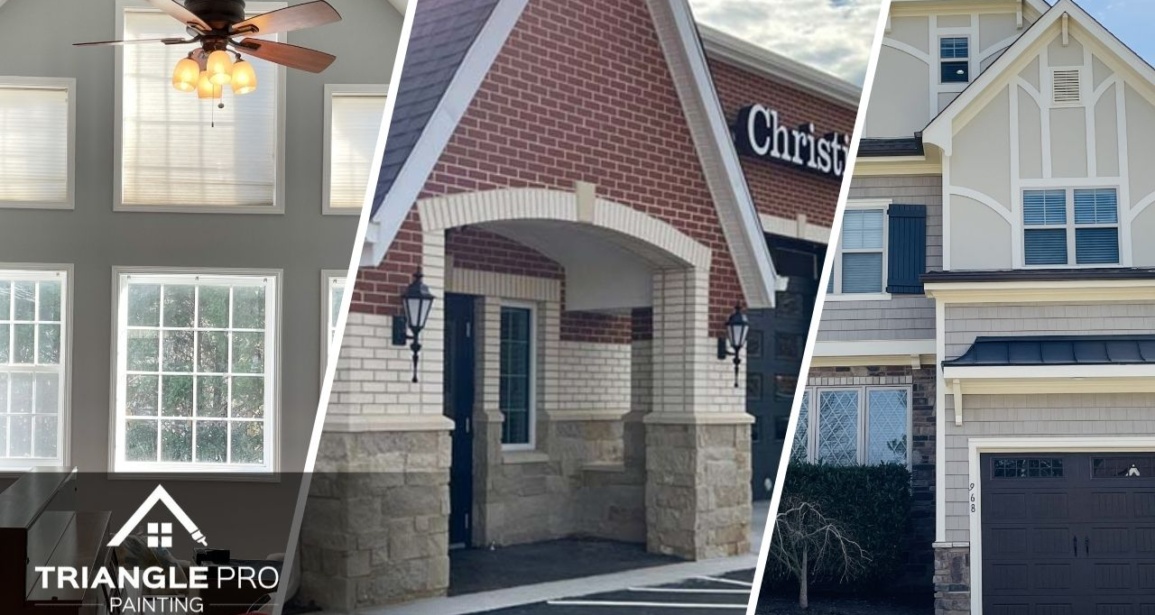 A split image of commercial, interior, and exterior painting job done by the Triangle Pro Painting.