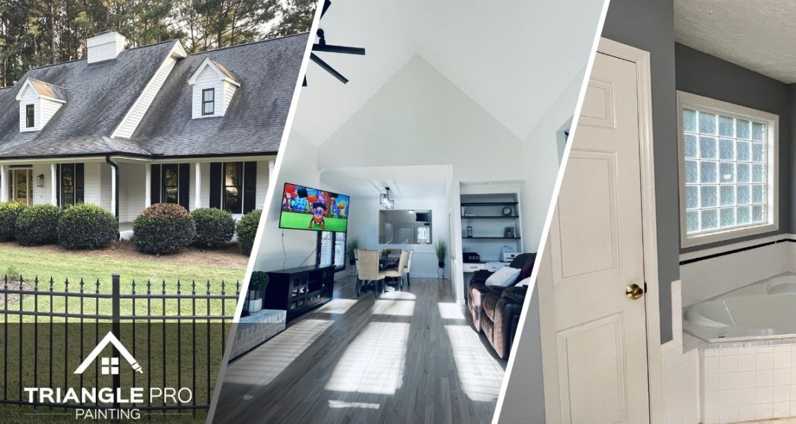 A three-split image showing expert painting in the exterior, living room, and bathroom.