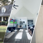 A three-split image showing expert painting in the exterior, living room, and bathroom.