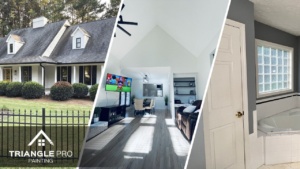 A three-split image showing expert painting in the exterior, living room, and bathroom.