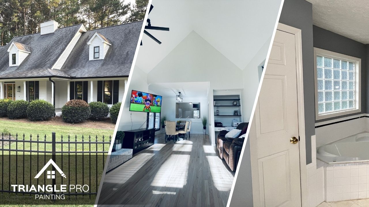 A three-split image showing expert painting in the exterior, living room, and bathroom.