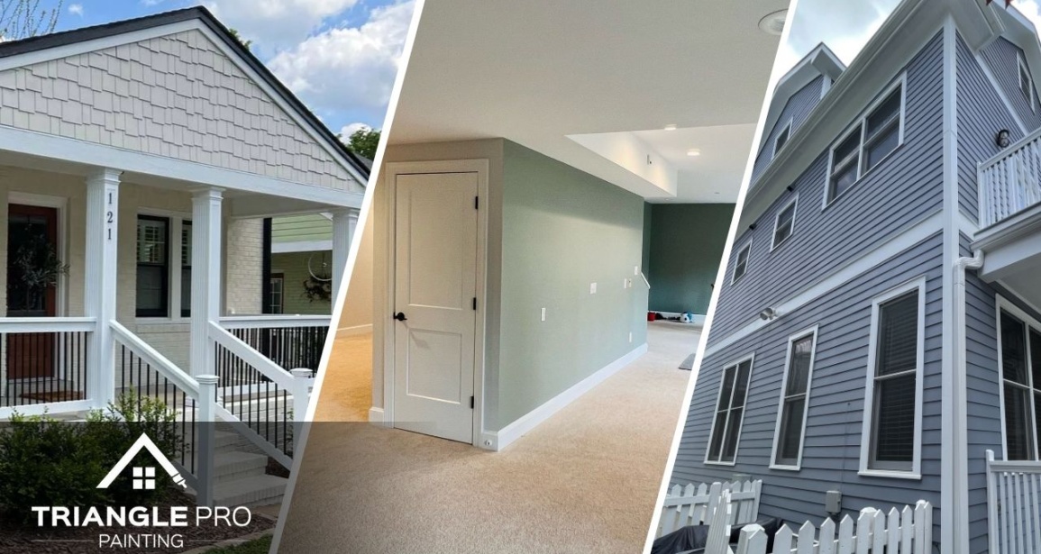 This is a three split image combining of interior, exterior, and multi-story exterior painting by Triangle Pro Painting in Wayland Heights Raleigh, NC.
