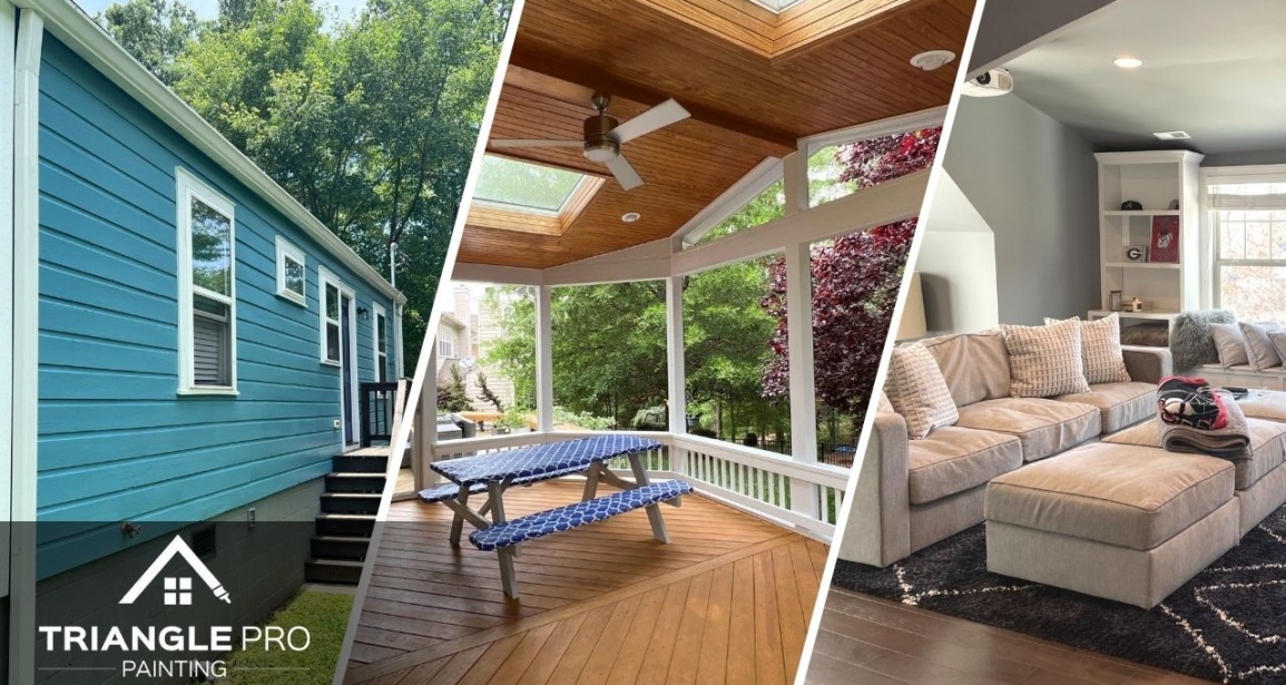 This is a three-split image combining exterior, deck, and interior painting by Triangle Pro Painting.