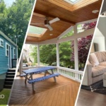This is a three-split image combining exterior, deck, and interior painting by Triangle Pro Painting.