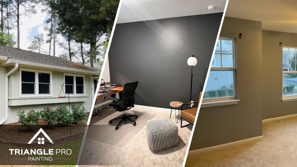 This is a three-split image combining exterior, office accent wall, and bedroom painting by Triangle Pro Painting in Umstead Raleigh.