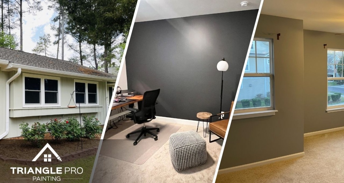 This is a three-split image combining exterior, office accent wall, and bedroom painting by Triangle Pro Painting in Umstead Raleigh.