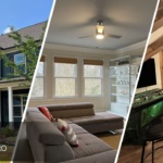 A three split image showing interior and exterior painting, including a living room and entertainment space.